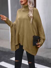 SHEIN Essnce 斗篷袖高領毛衣 - 卡其色 - 查看 5