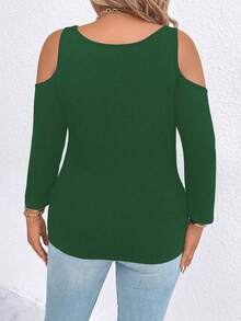 SHEIN LUNE Plus Size Hollow Out Cold Shoulder Neckline T-shirt - Dark Green - View 2