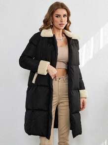 EURMUSE Veste d'hiver avec col patchwork et fermeture à glissière - Noir - Voir 1