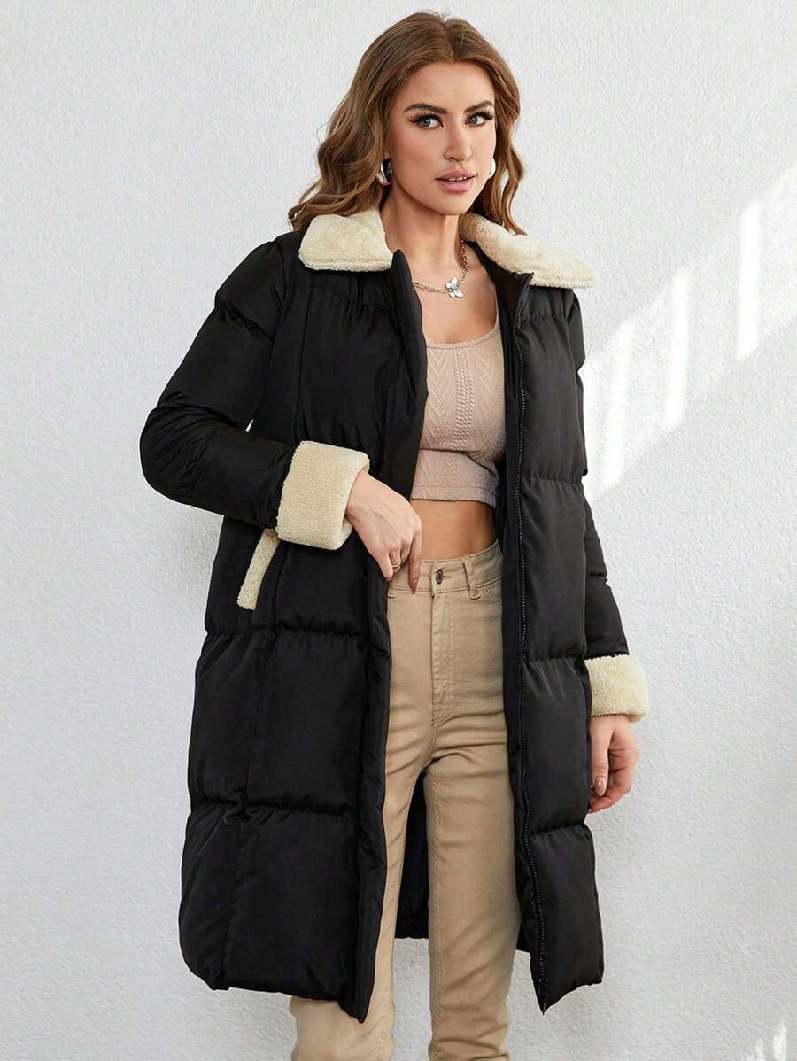 EURMUSE Veste d'hiver avec col patchwork et fermeture à glissière - Noir - Voir 1