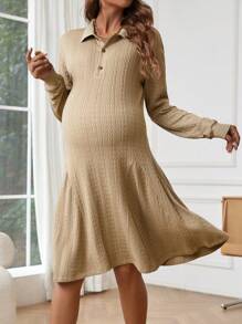 SHEIN 孕婦Polo領落肩袖洋裝 - 卡其色 - 查看 1