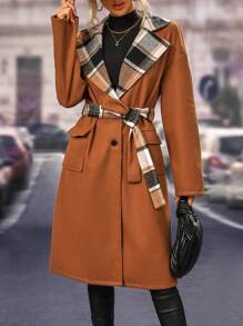 SHEIN LUNE Women's Plaid Belted Woolen Jacket - Mocha Brown - View 5