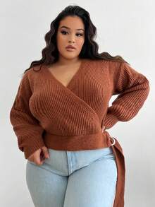 SHEIN SXY 加大碼交叉領帶腰毛衣 - 黑色 - 查看 5