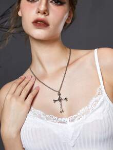 ROMWE Goth 1入組骷髏&十字吊墜項鍊(圖像) - 銀色 - 查看 3