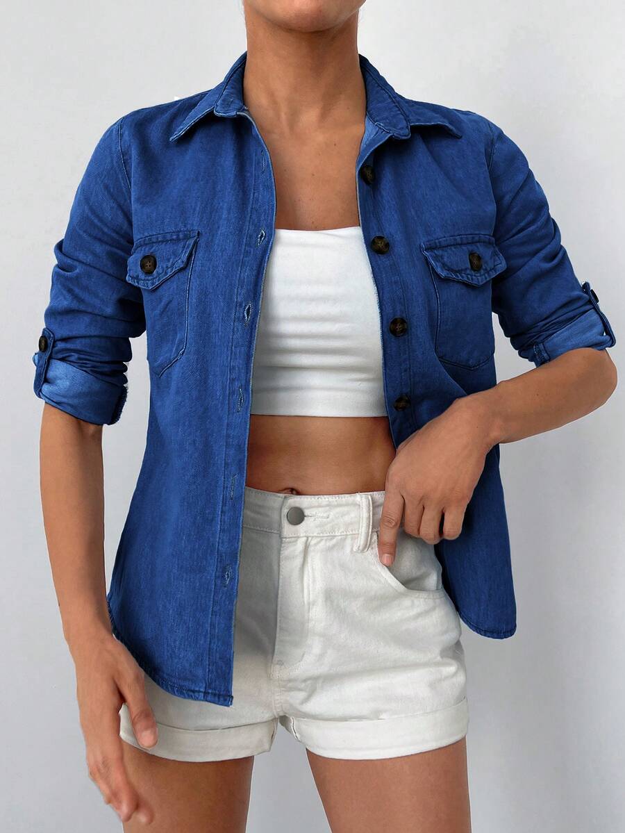 Cottnline Flap Pocket Roll Tab Sleeve Denim Shirt - Blue - View 1
