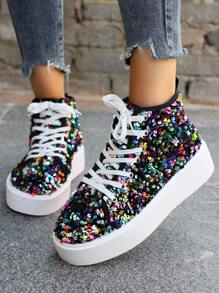 女士闪亮亮片休闲运动鞋，时尚个性亮面运动鞋 - 白色 - 查看 3