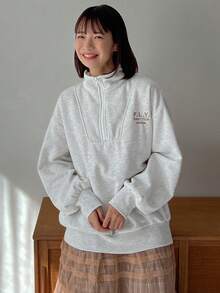 FRIFUL Letter Embroidery Half Zip Drop Shoulder Sweatshirt - Grey - View 5