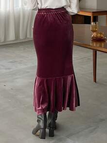 FRIFUL Velvet Mermaid Hem Ruched Skirt - Red Violet - View 2