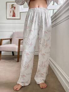 DAZY Quý cô Giường đôi In Thực vật Mẫu & Viền tương phản Đồ ngủ Bộ - Màu be - Xem 5