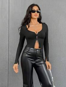 SHEIN Essnce Women's Round Neck Tee With Front Zipper - Black - View 5