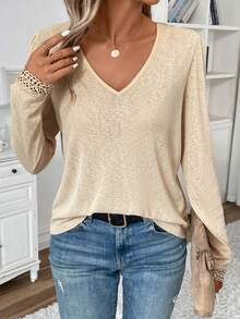 SHEIN Frenchy 對比花邊綁帶後背t恤 - 杏色 - 查看 5