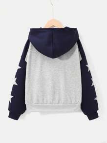 SHEIN Sweat-shirt À Capuche Manches Raglan Avec Motif Étoile Et Blocs De Couleurs Pour Fille Préadolescente, Coupe Ample Et Style Décontracté