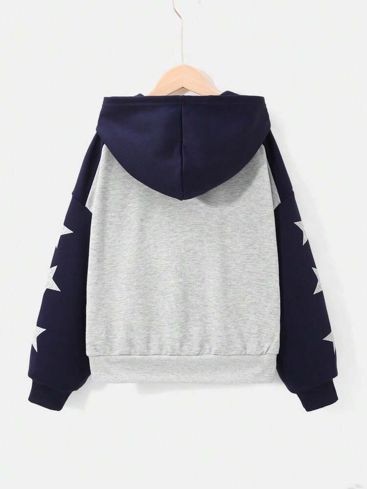 Tween Girl Knit Color Block Raglan Sleeve Sweatshirt With Star Pattern, Loose Fit And Casual Style