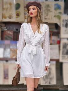 SHEIN Frenchy Của phụ nữ Màu thuần Ruffled Chấm Swiss Váy có thắt lưng - trắng - Xem 8