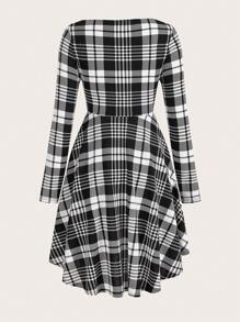 SHEIN Unity In kẻ sọc Nút phía trước chất liệu da PU Khóa dây đeo Chi tiết Đầm - Đen và trắng - Xem 2