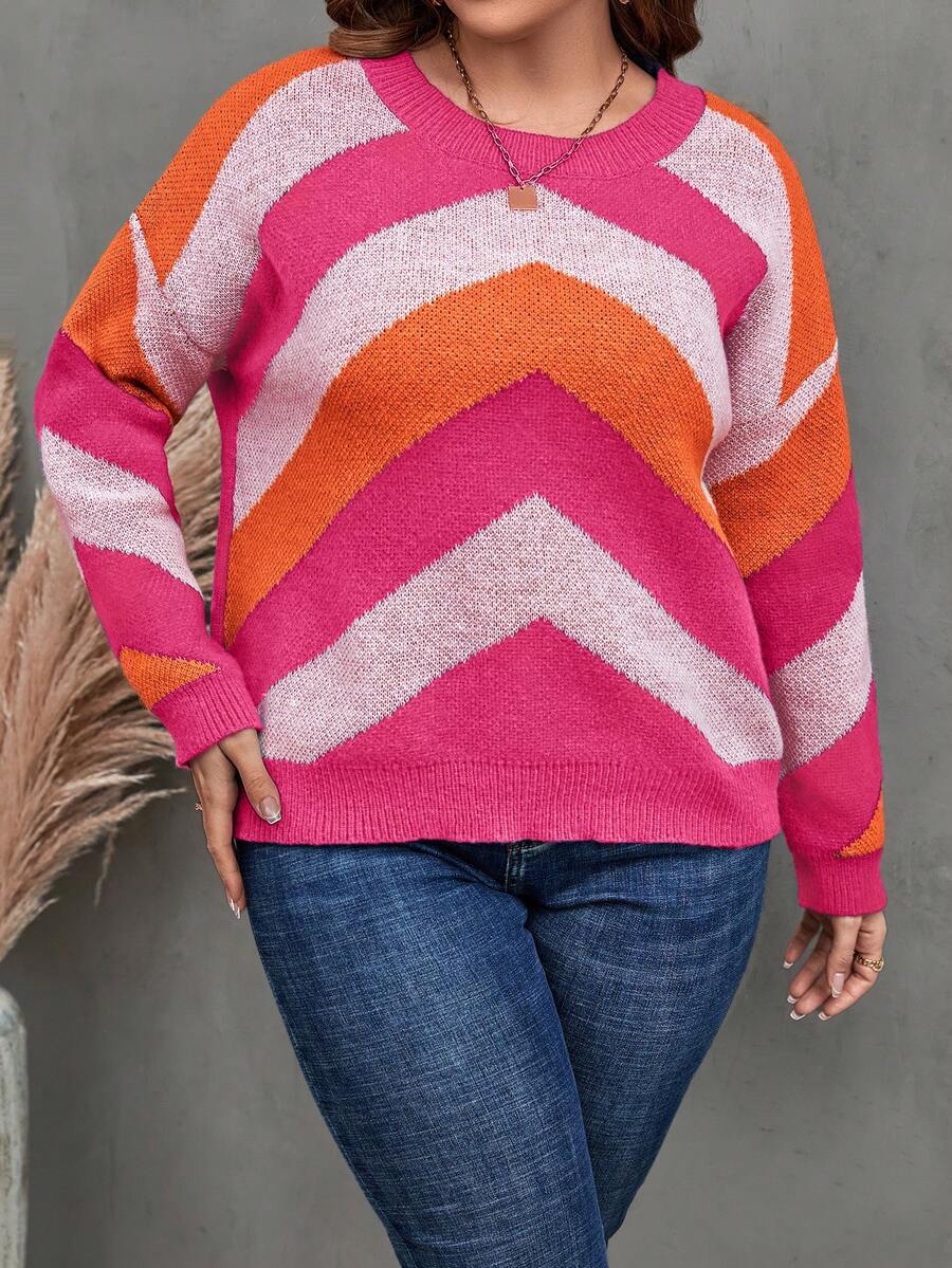 加大號彩色拼接下落肩毛衣 - 彩色 - 查看 1