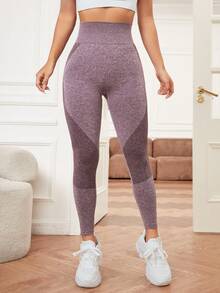 女士高腰無縫運動緊身褲 - 酒紅色 - 查看 2