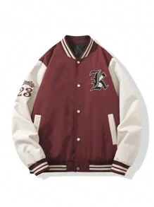 Manfinity Hypemode Chaqueta De Béisbol Holgada Con Bordados De Letras Y Detalle De Rayas Para Hombres - Burdeos - Ver 1