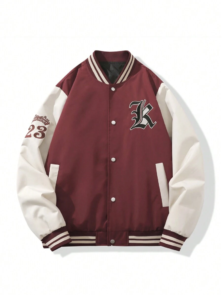 Manfinity Hypemode Chaqueta De Béisbol Holgada Con Bordados De Letras Y Detalle De Rayas Para Hombres - Burdeos - Ver 1