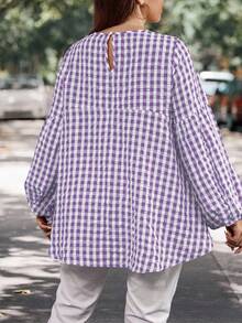 SHEIN LUNE 格纹印花灯笼袖衬衫 - 紫色 - 查看 2