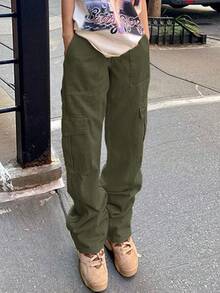 女士春季休闲直筒牛仔裤，带翻盖口袋 - 綠色 - 查看 2