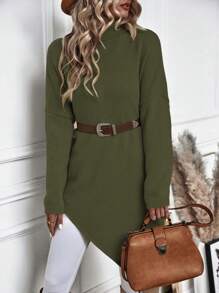 SHEIN Essnce 女士高领落肩不对称下摆毛衣 - 軍綠色 - 查看 7