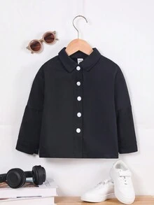 SHEIN 女小童字母圖案前紐扣夾克 - 黑色 - 查看 2