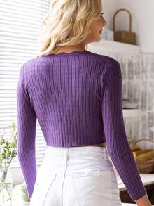AAmilife Solid Color Tie Belted Long Sleeve Crop Cardigan - Purple - View 2