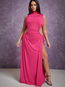 L'Amorae Plus High Neck Cut Out Split Kleid - Heißes Pink - Übersicht 3