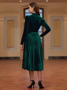 SHEIN Clasi Của phụ nữ Lưới Sợi & Trân châu & Viền xếp & Váy có thắt lưng - màu xanh lá - Xem 3