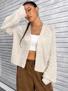 SHEIN Unity Raglan Sleeve Button Front Cardigan - Apricot - View 3