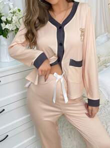 熊貓圖案長款上衣和長褲睡衣套裝,帶著色塊邊緣 - 彩色 - 查看 5