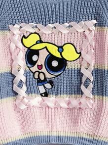 The Powerpuff Girls | ROMWE 刺繡卡通圖案拉甘袖毛衣 - 彩色 - 查看 4