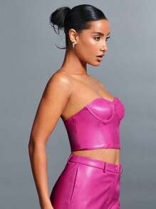 SHEIN BAE Glamorous Strapless Corset Leather Red Bustier Tube Top - Hot Pink - View 5