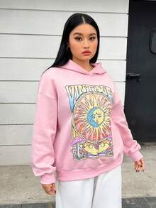 SHEIN EZwear 大碼粉色的休閒卡通圖案長袖女性運動衫適用於秋天和冬天 - 粉色 - 查看 5