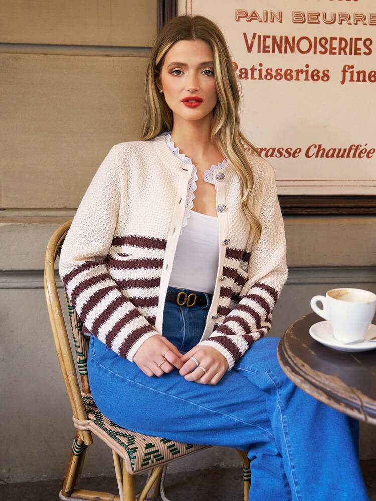 Women's Patchwork Hollow Out Embroidered Striped Button Down Cardigan