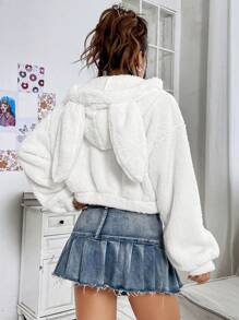 SHEIN EZwear Của phụ nữ Thêu trái tim Tai 3D Túi khóa kéo Sang trọng Ngắn Áo khoác - trắng - Xem 2