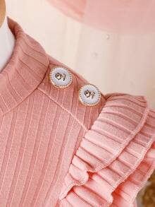 女嬰連結細節荷葉邊羅紋針織 T 恤和毛絨裙 2 件/套 - 粉色 - 查看 4