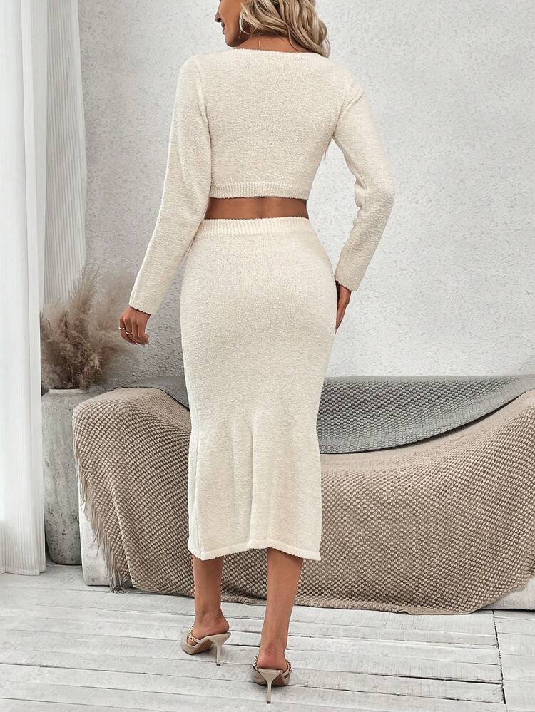 Women's Solid Color Sweater And Fishtail Half Sweater Skirt Two-Piece Set Fall Cloth For Women