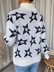 SHEIN LUNE Star Pattern Turtleneck Lantern Sleeve Sweater Knit Pullover Fall Winter Outfit - Black and White - View 2