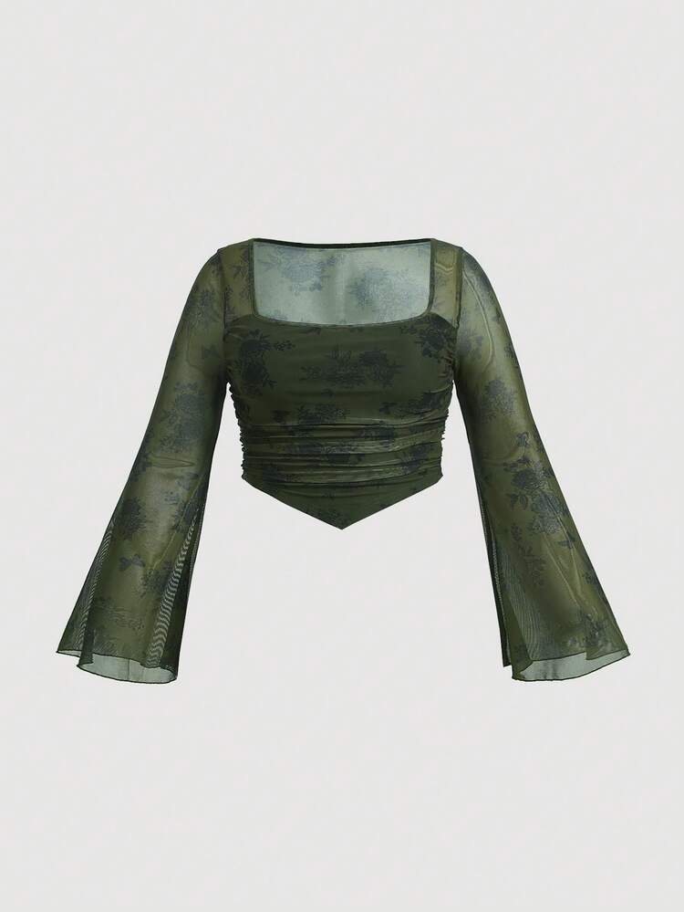 SHEIN MOD 大碼印花方領喇叭袖手帕下擺褶邊T恤 - 綠色 - 查看 1