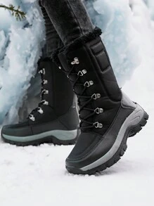 女士保暖内衬防水中筒系带雪地靴，户外旅游休闲冬季黑色雪地鞋 - 黑色 - 查看 2