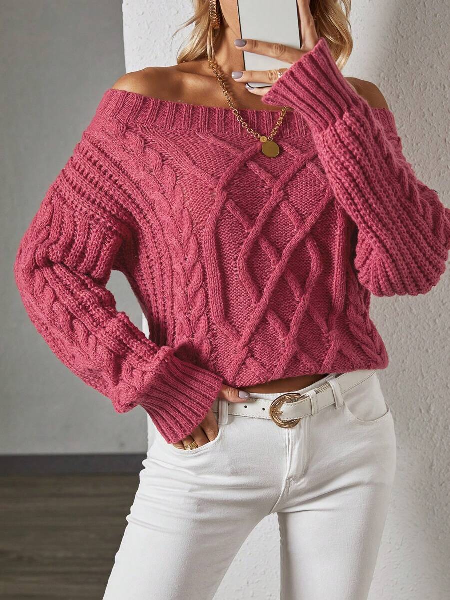 SHEIN Essnce Round Neck Drop Shoulder Loose Fit Sweater Pullover - Rose Red - View 1