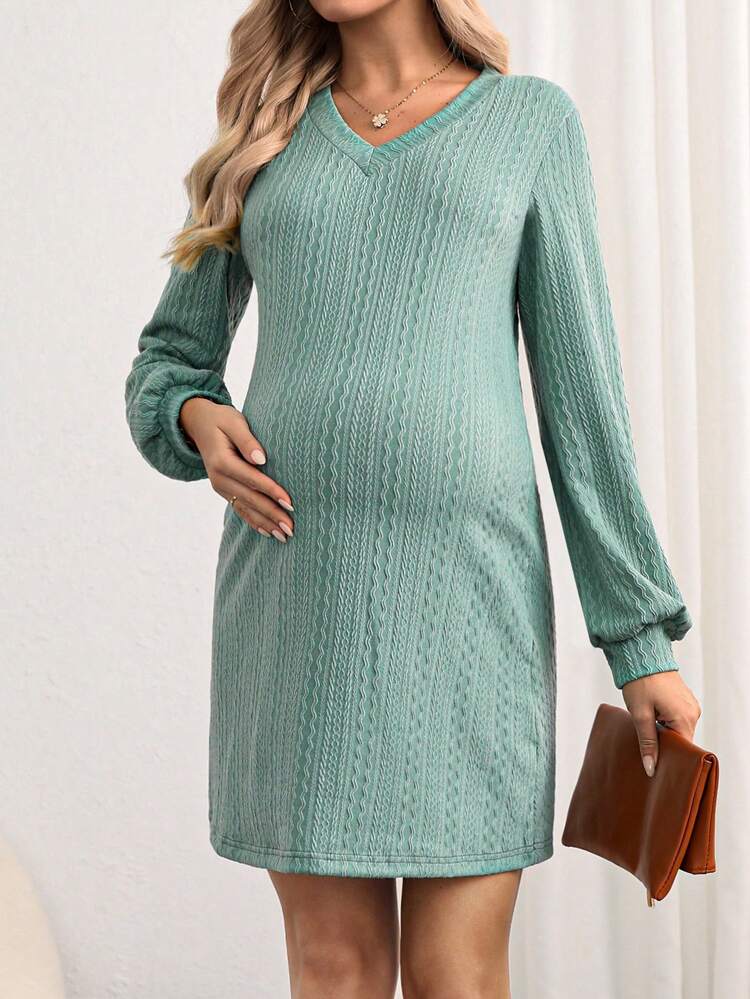 Maternity V-neck Lantern Sleeve Dress