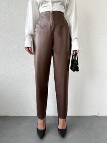 SHEIN Cottnline Women's Solid Color Pu Leather Pants - Mocha Brown - View 1