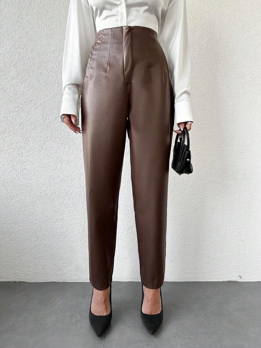 SHEIN Cottnline Women's Solid Color Pu Leather Pants - Mocha Brown - View 1