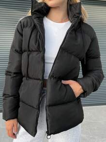 EURMUSE Zipper Front Hooded Padded Jacket - Black - View 4