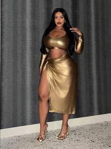 SHEIN Slayr 大碼鏤空前扭結金屬質感洋裝 - 棕色 - 查看 5