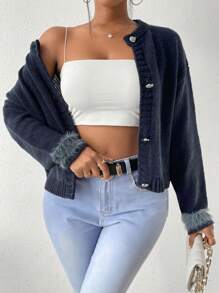 SHEIN Slayr 毛茸茸袖口落肩袖開襟衫 - 藏蓝色 - 查看 1