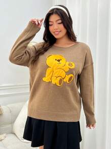 SHEIN EZwear Kích thước lớn Của phụ nữ Thêu Gấu Hoạt hình Áo chui đầu Áo len - Nhiều màu - Xem 3